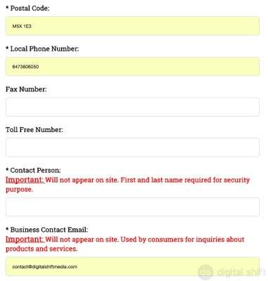 your Company Name, Street Address, City, and select the Province from the list provided